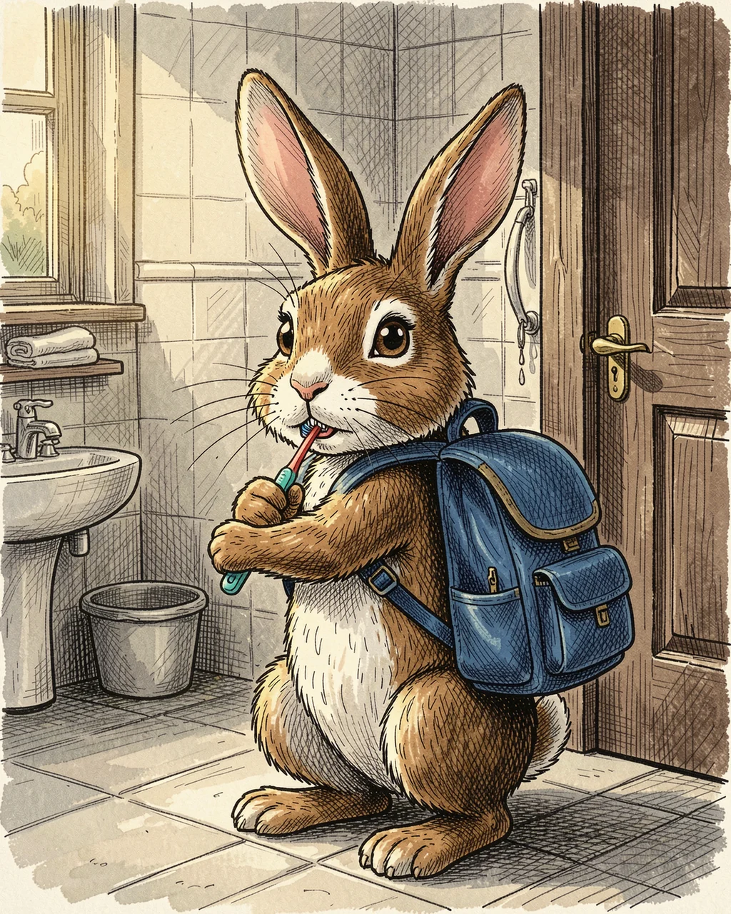Illustration for page 5 of “The Bunny with Blue Backpack”
